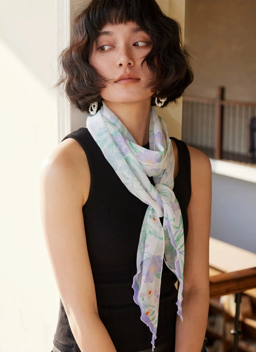 lightweight silk scarf close up portrait elegant purple floral accessory
