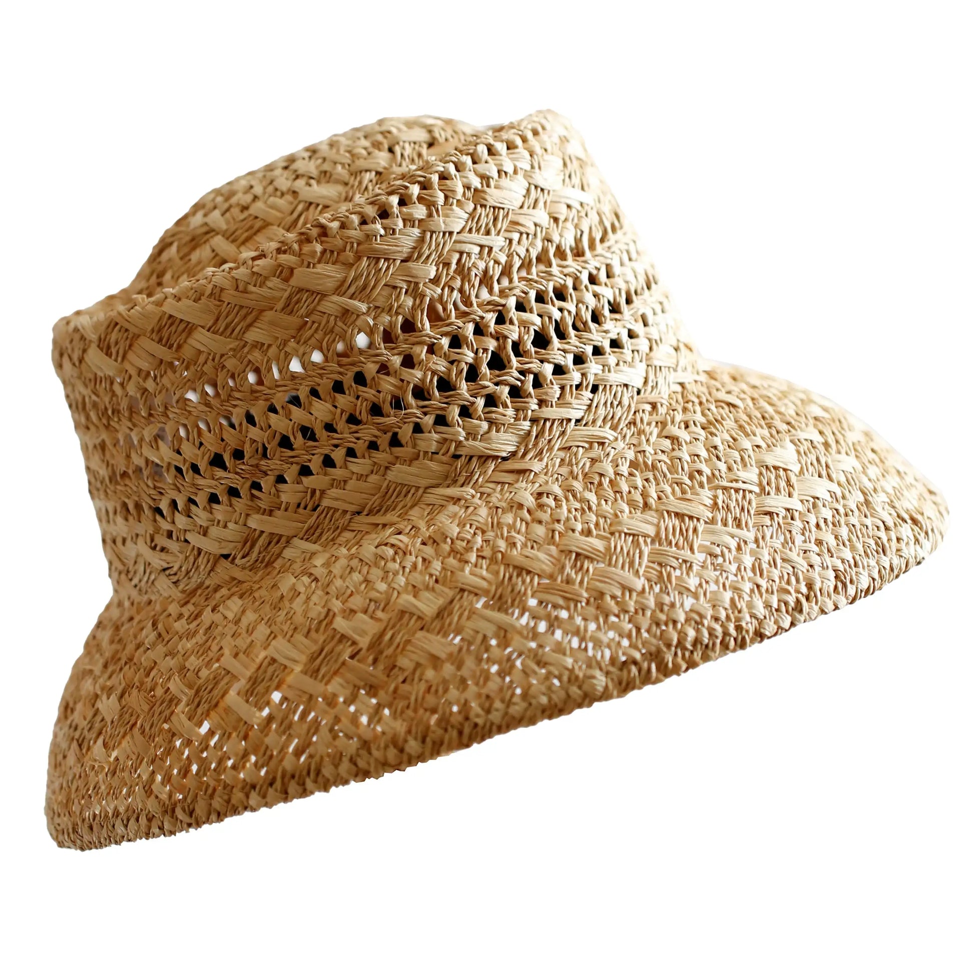 Natural raffia open-weave sun hat with wide curved brim on white background