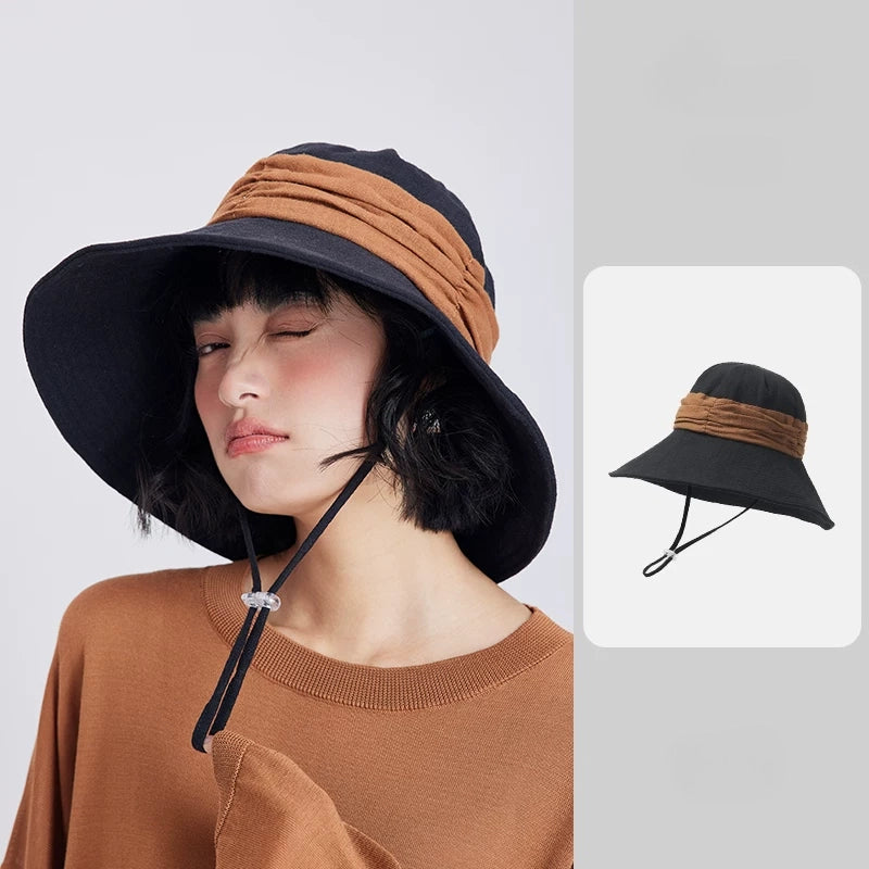 Black brown natural ramie wide brim bucket hat for women with breathable texture and wind cord.