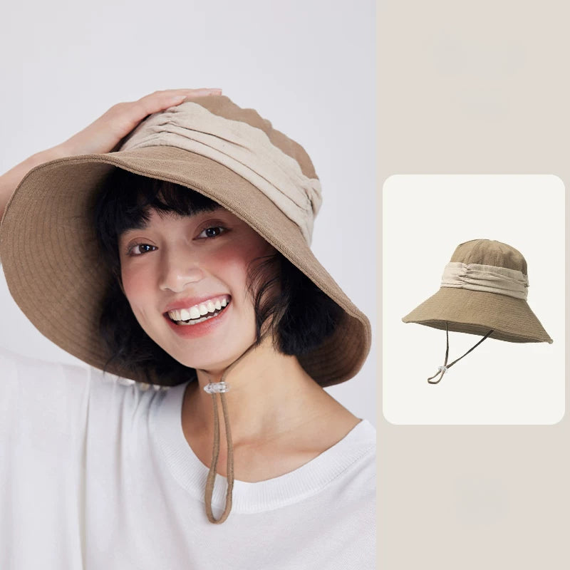Khaki natural ramie wide brim bucket hat for women with breathable texture, wind cord, and casual summer style.