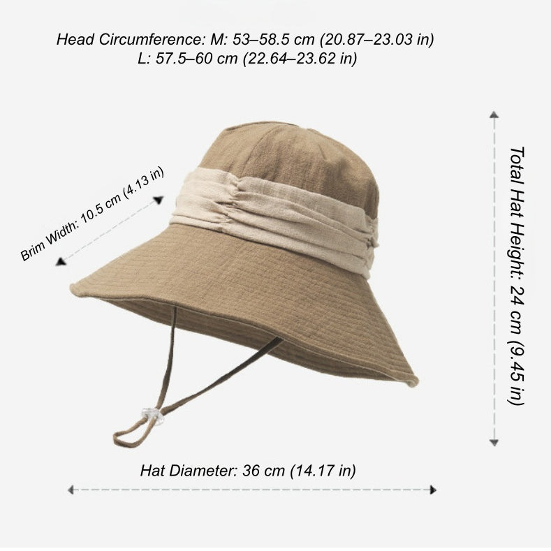 Natural ramie wide brim bucket hat size guide with M and L fit, foldable design, and wind cord.