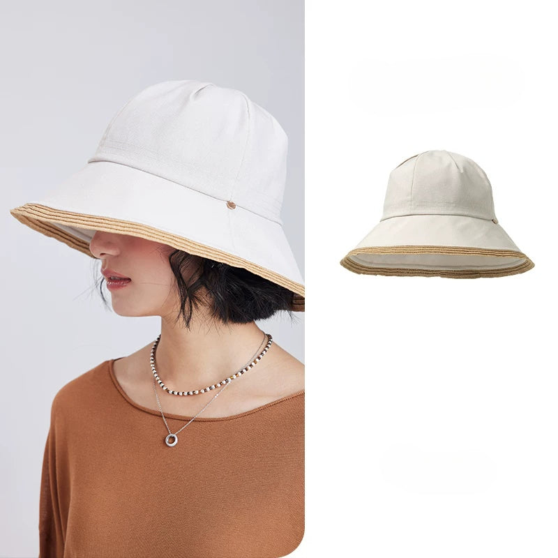 off-white wide brim summer sun hat with foldable bucket shape and beige straw-style brim