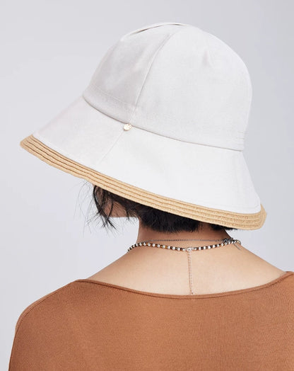back view of off-white wide brim summer hat with soft crown and beige contrast brim