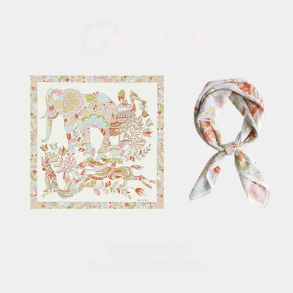 Pink beige 65 cm mulberry silk square scarf with vintage elephant and floral print, shown flat and tied