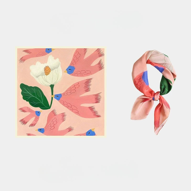 Pink bird and floral 100% mulberry silk square scarf with folded scarf display