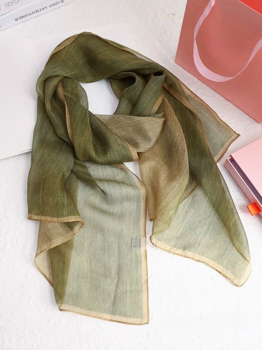 Light green plant-dyed mulberry silk chiffon long scarf with soft gradient texture