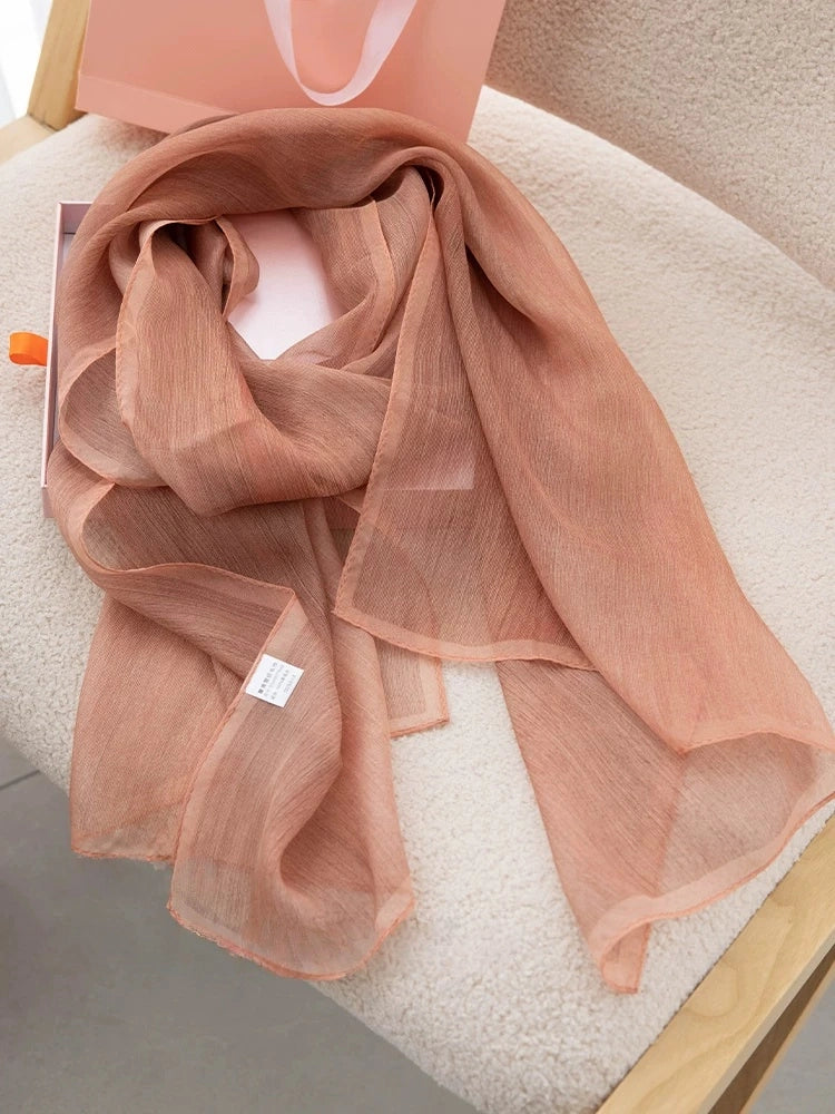 Rose mulberry silk chiffon long scarf with soft plant-dyed gradient and airy texture