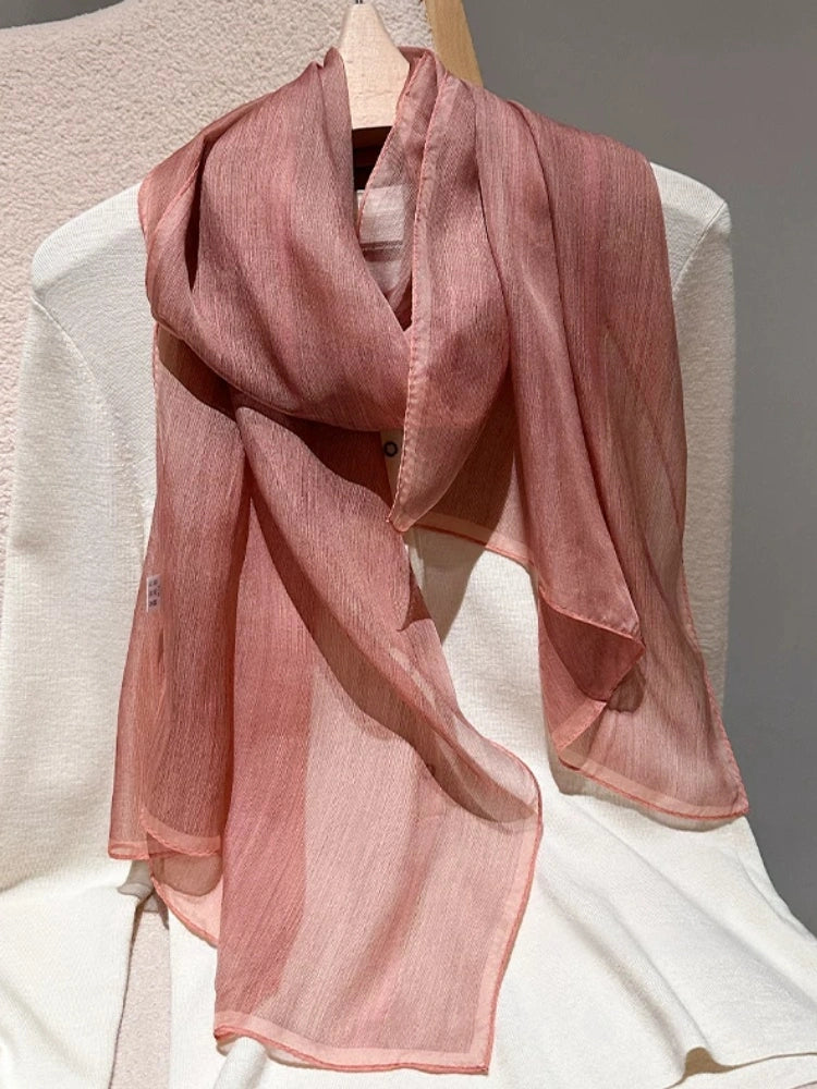 Rose mulberry silk long scarf styled over a white outfit for a vintage elegant look
