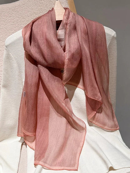 Rose mulberry silk long scarf styled over a white outfit for a vintage elegant look