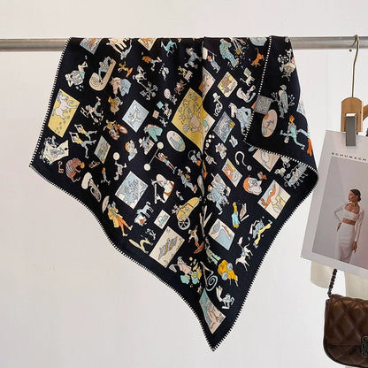 Black cartoon print silk wool square scarf displayed open with colorful illustrated motifs