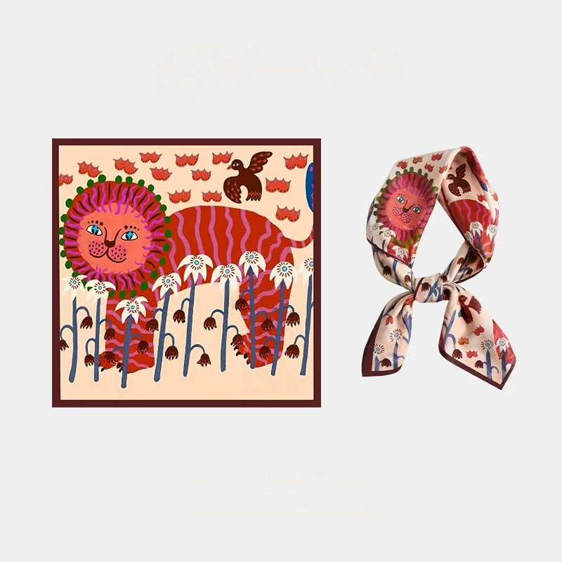 Playful folk lion mulberry silk square scarf shown flat and tied against a white background