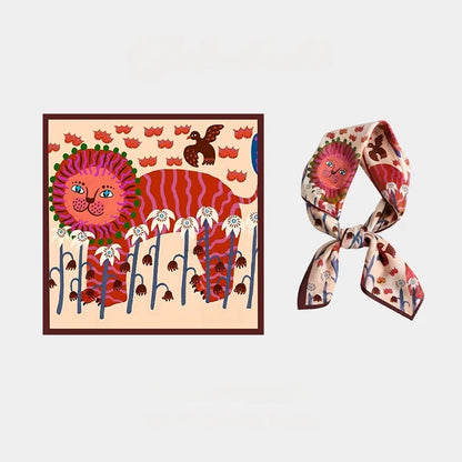Playful folk lion mulberry silk square scarf shown flat and tied against a white background