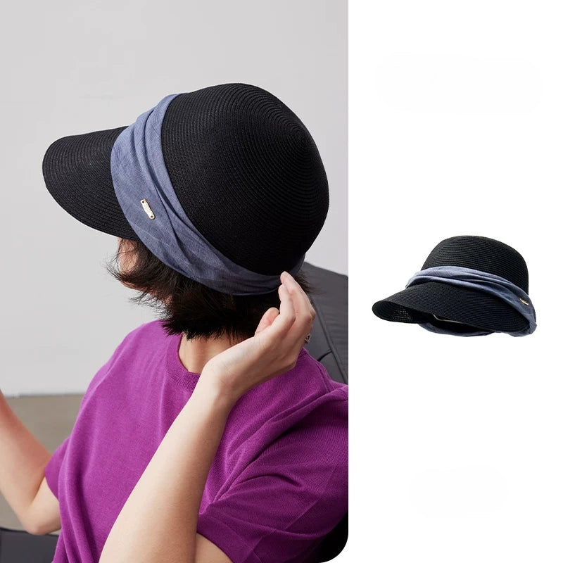 Classic black pleated ribbon sun visor hat with blue ribbon detail for summer styling