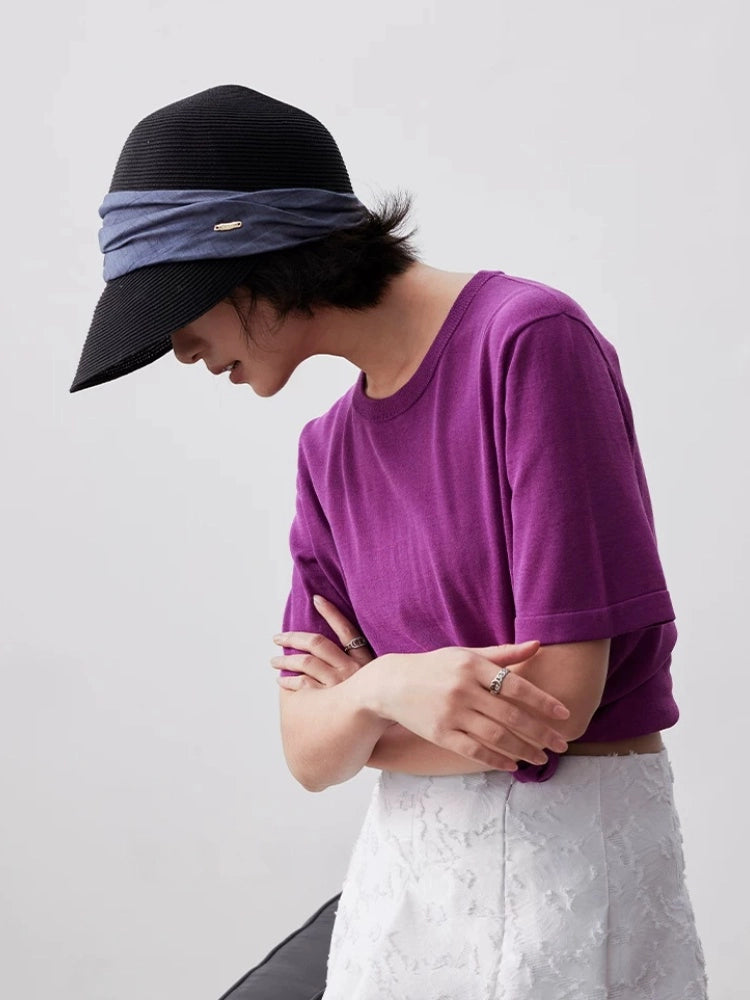 Classic black sun visor hat with pleated blue ribbon styled with a purple top