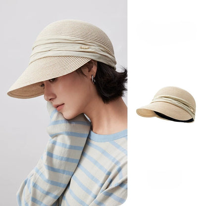 Ivory pleated ribbon sun visor hat with breathable open-back design for summer outfits
