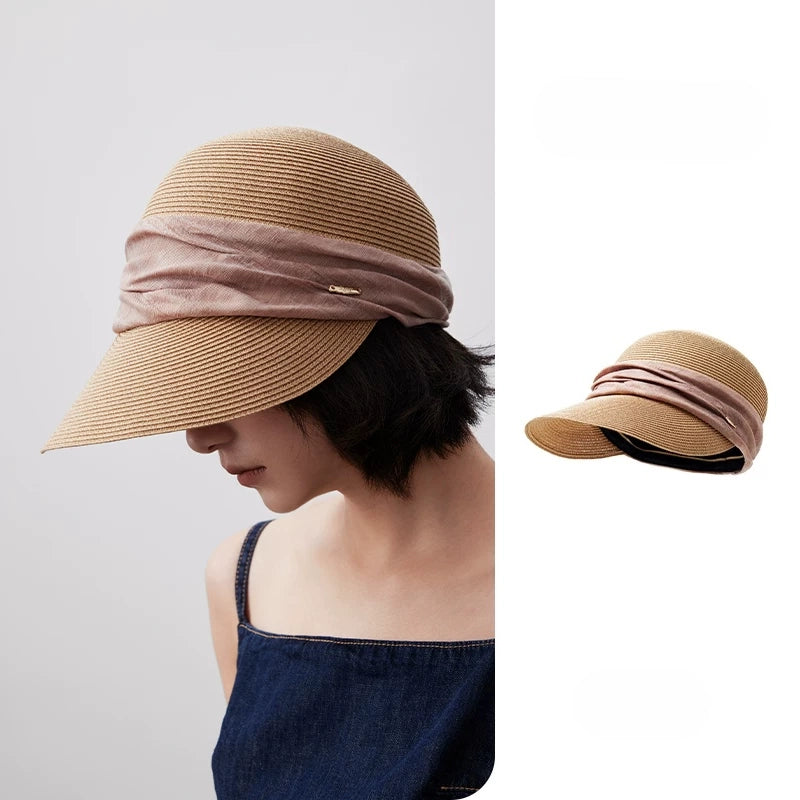 Natural beige pleated ribbon sun visor hat with dusty rose ribbon for elegant summer outfits