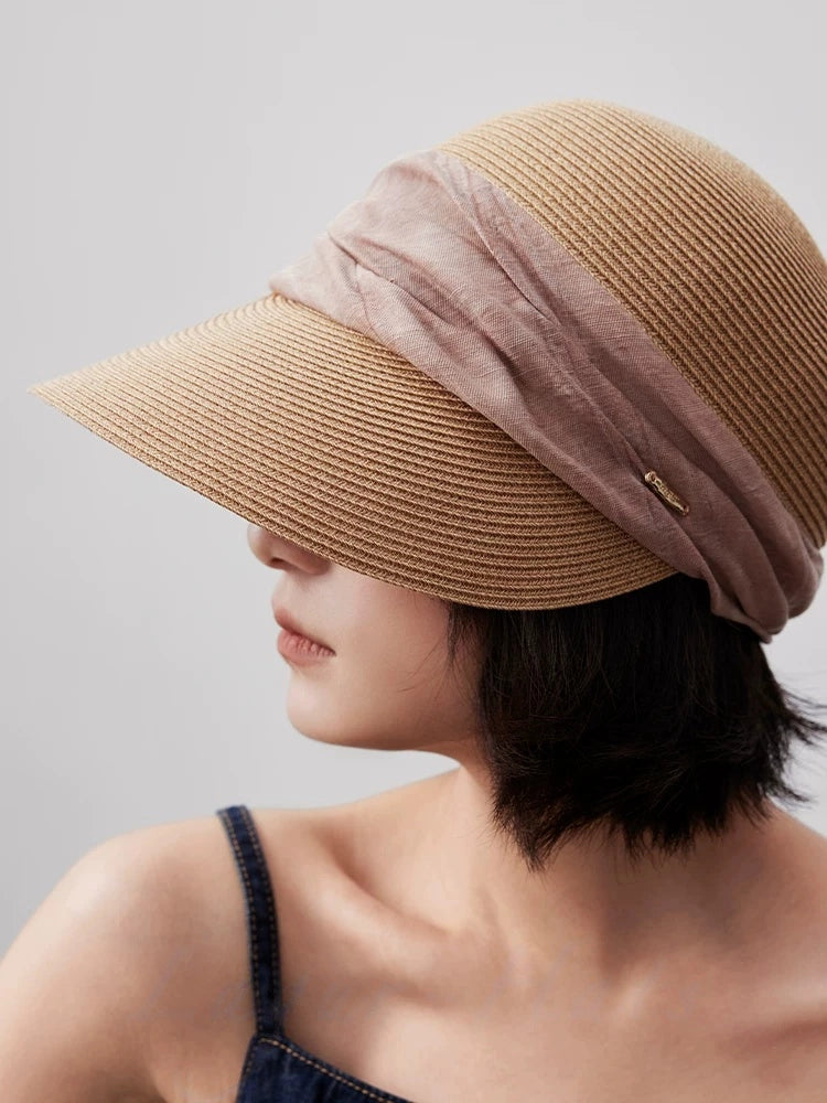 Natural beige pleated ribbon visor hat with wide curved brim for chic summer wear