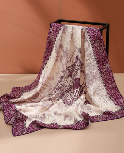 Elegant purple 100% mulberry silk square scarf with cheetah forest print for summer scarf top or neck styling