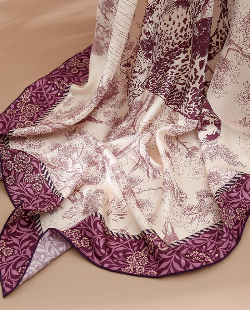 Close-up of purple cheetah forest silk square scarf with skin-friendly mulberry silk and romantic printed details
