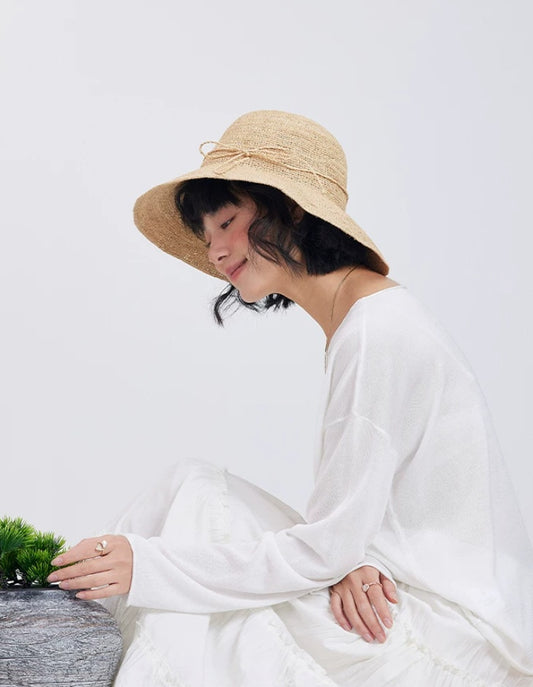 womens raffia sun hat side view lightweight breathable beach vacation hat