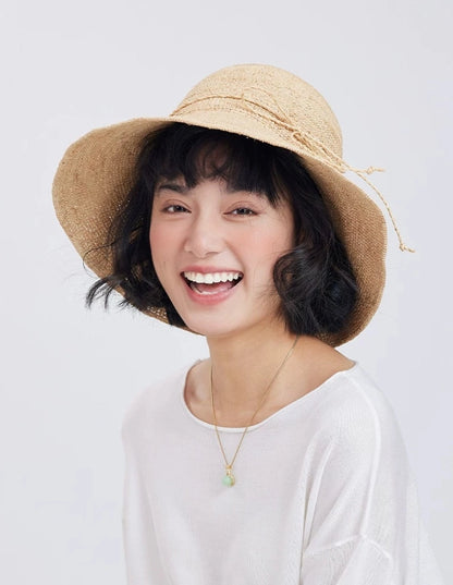 natural straw raffia sun hat smiling model lightweight summer sun hat women