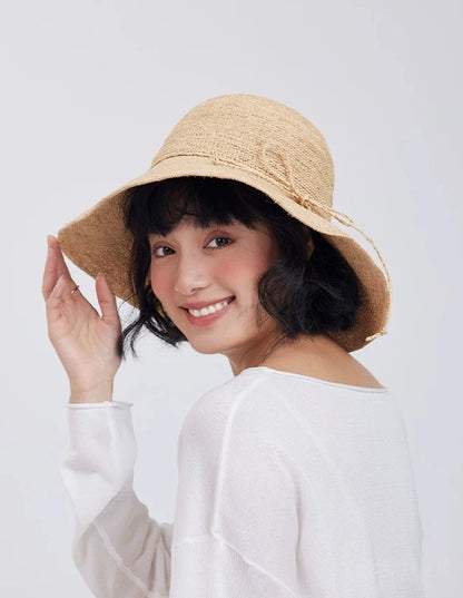 raffia sun hat front view natural straw wide brim summer sun protection hat