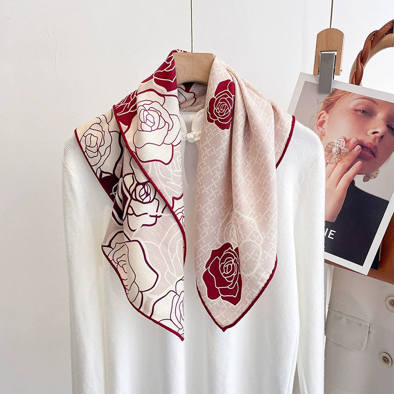 Elegant Red Floral Silk-Wool Square Scarf – Sophisticated Luxury