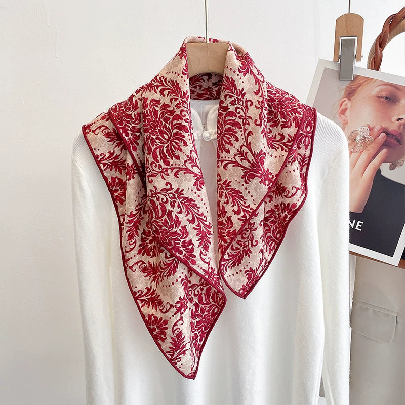 Red Floral Silk Wool Square Scarf – Vintage Elegant Style - OESLO