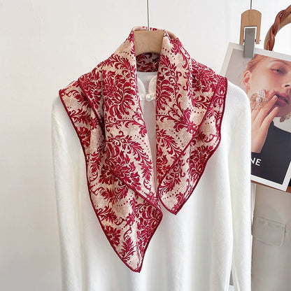 Red Floral Silk Wool Square Scarf – Vintage Elegant Style - OESLO