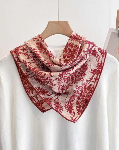 Red Floral Silk Wool Square Scarf – Vintage Elegant Style - OESLO