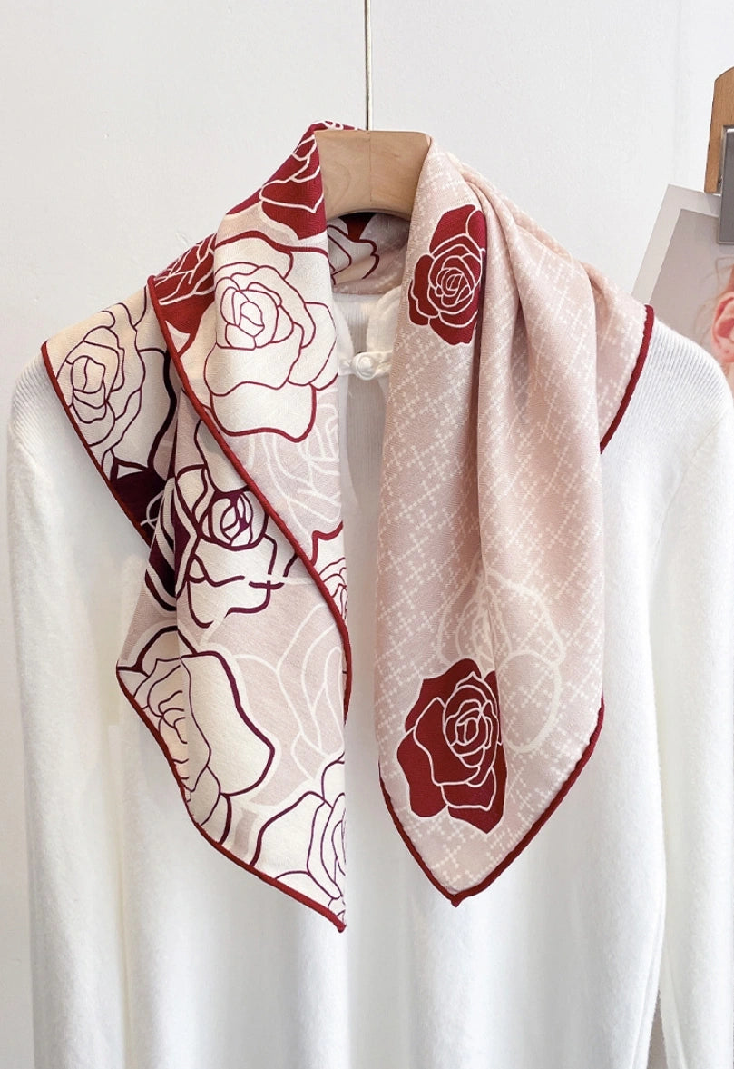 Luxury Red Floral Silk-Wool Square Scarf – Timeless Elegance