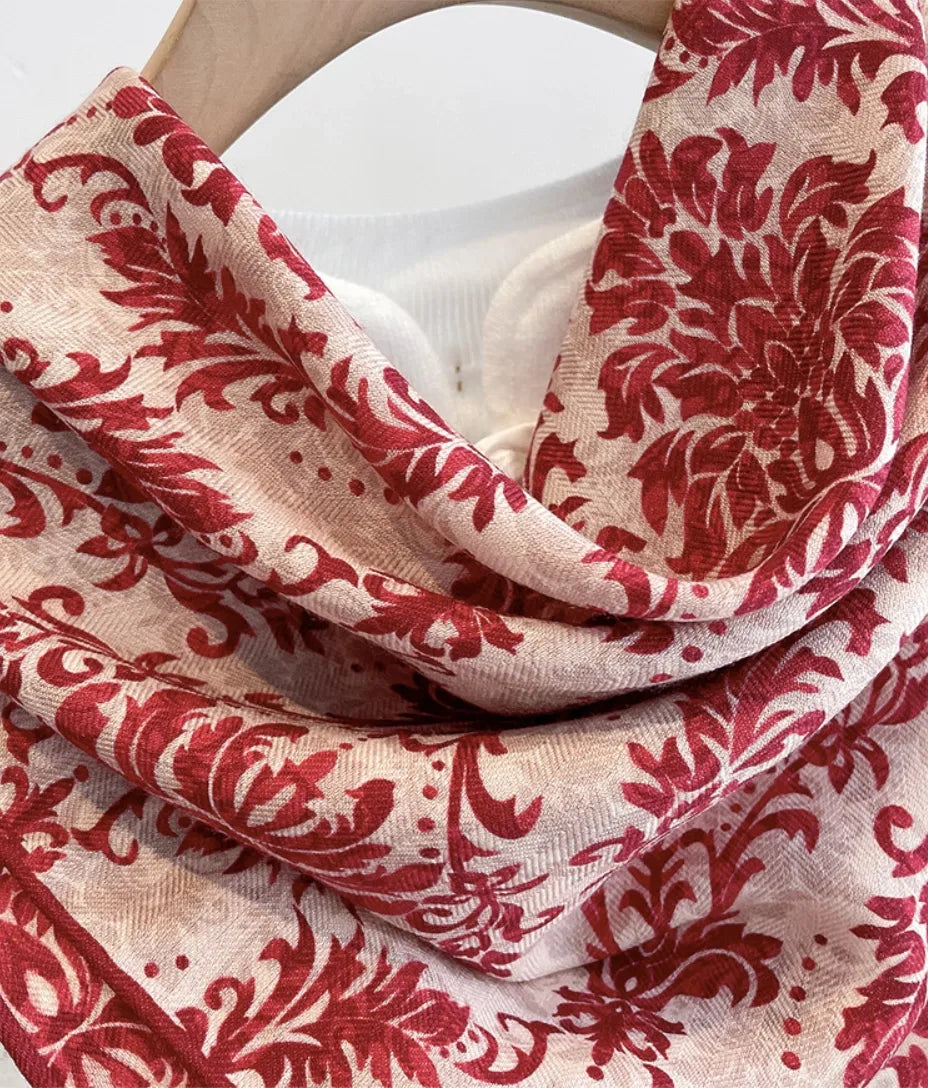 Red Floral Silk Wool Square Scarf – Vintage Elegant Style - OESLO