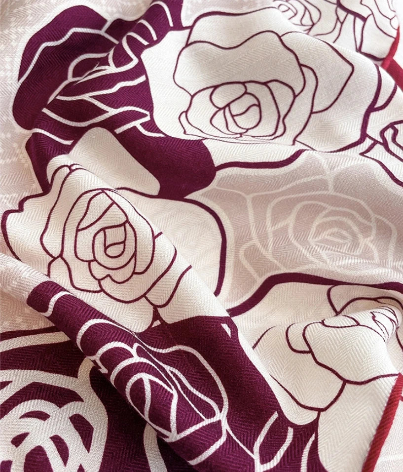 Soft Silk-Wool Red Floral Square Scarf – Timeless Chic