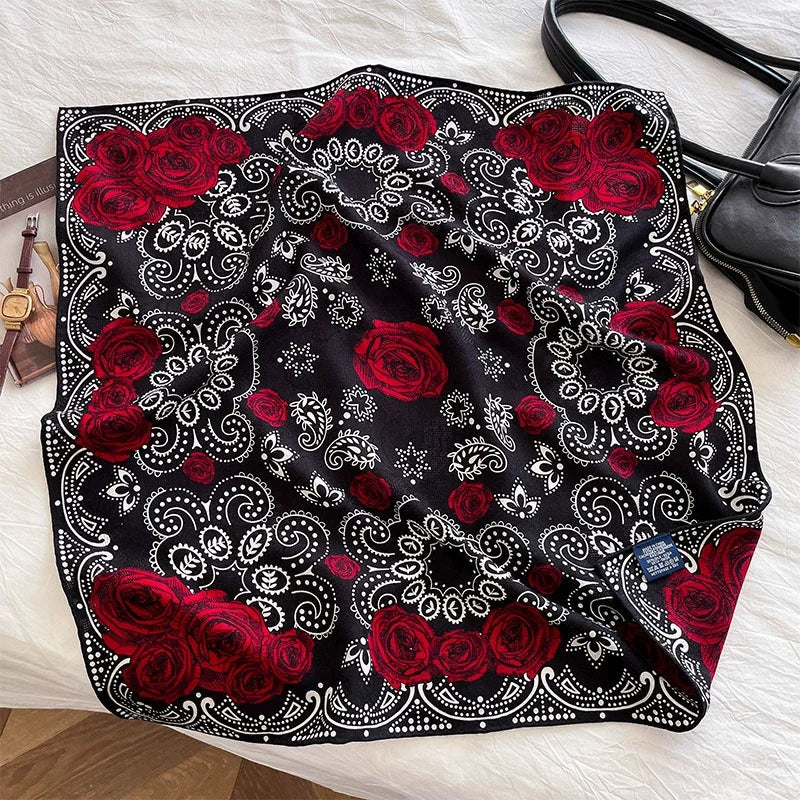 Vintage black women square scarf with floral paisley pattern top view
