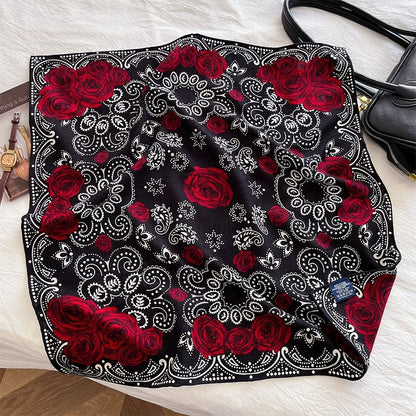 Vintage black women square scarf with floral paisley pattern top view