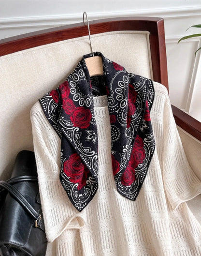 Woman wearing black silk wool square scarf around neck elegant styling