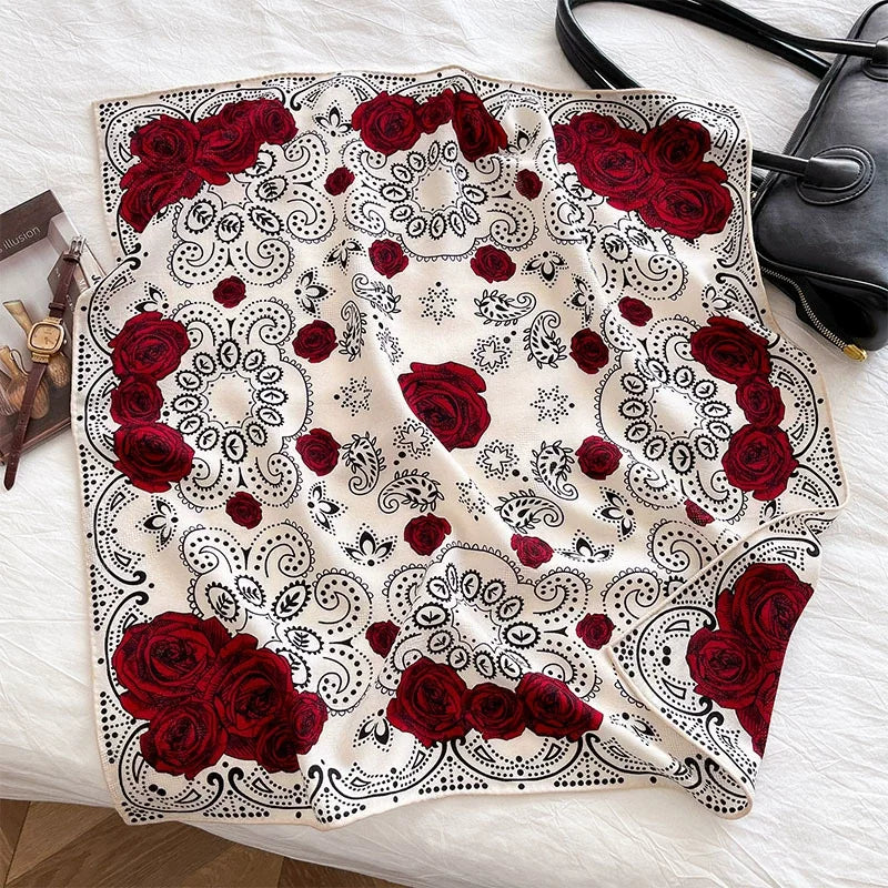 Elegant white women square scarf with vintage floral paisley design