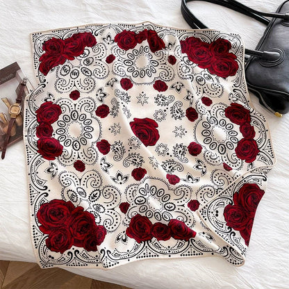 Elegant white women square scarf with vintage floral paisley design