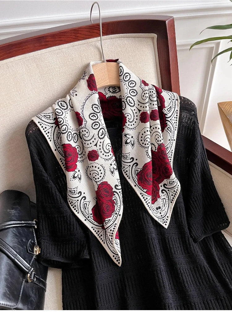 Woman wearing white silk wool square scarf elegant vintage look