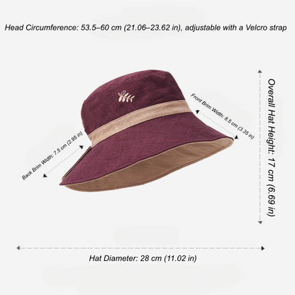 Reversible embroidered bucket hat size guide with brim, height, diameter, and adjustable head circumference
