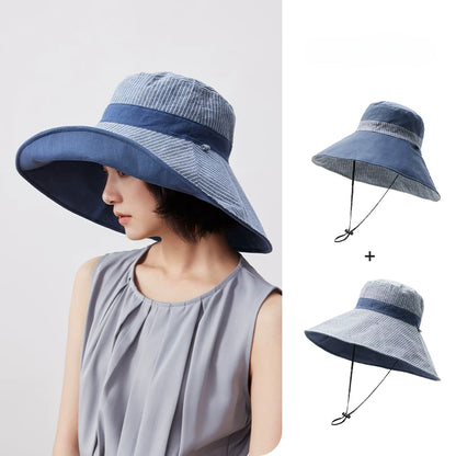 Smoky blue reversible cotton linen sun hat with wide brim and adjustable chin strap