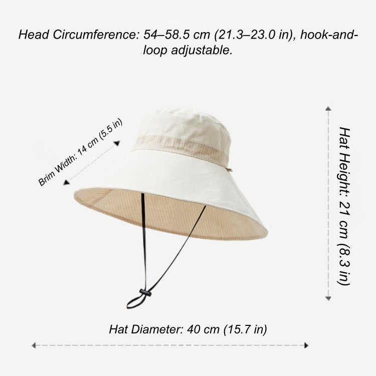 Size guide for reversible wide brim cotton linen sun hat with adjustable fit