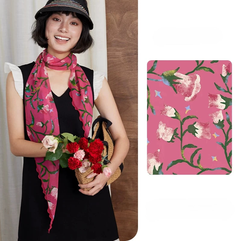 Rose red morning glory skinny silk scarf in 100% mulberry silk georgette with floral pattern