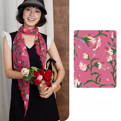 Rose red morning glory skinny silk scarf in 100% mulberry silk georgette with floral pattern