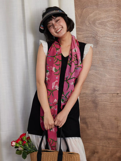 Rose red floral silk scarf worn as a headband and slim neck tie for summer outfits