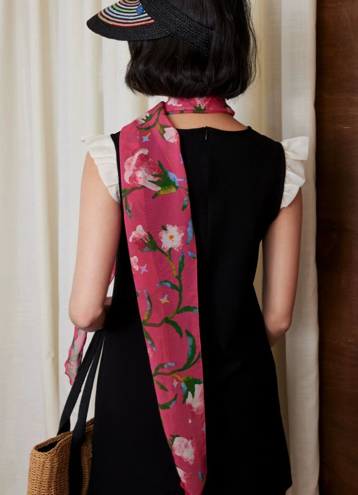 Rose red floral skinny silk scarf styled as a long silk neck scarf for women