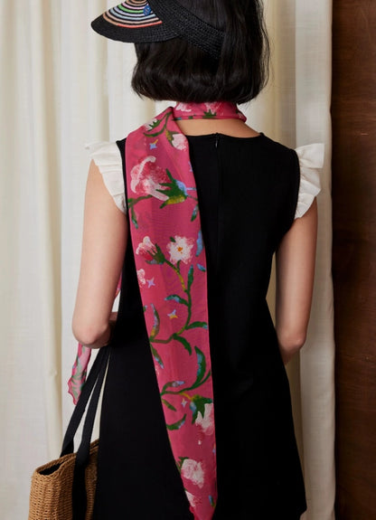Rose red floral skinny silk scarf styled as a long silk neck scarf for women