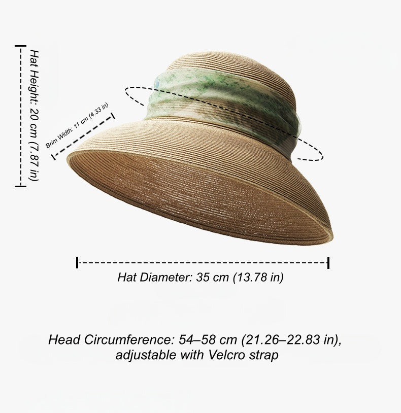 Size guide for scarf ribbon wide brim sun hat showing brim, diameter, and adjustable fit.