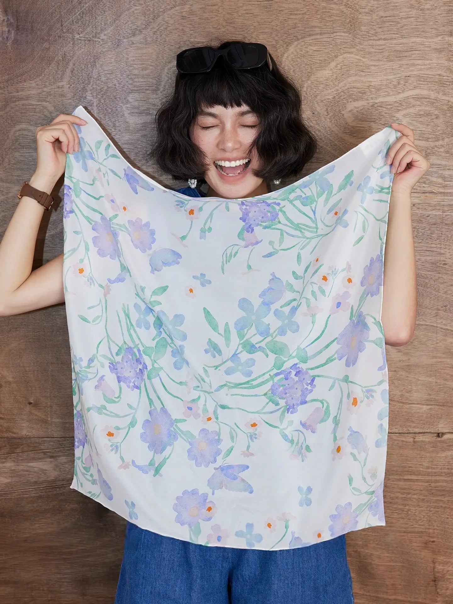 Watercolor floral silk square scarf displayed open to show delicate pastel botanical pattern