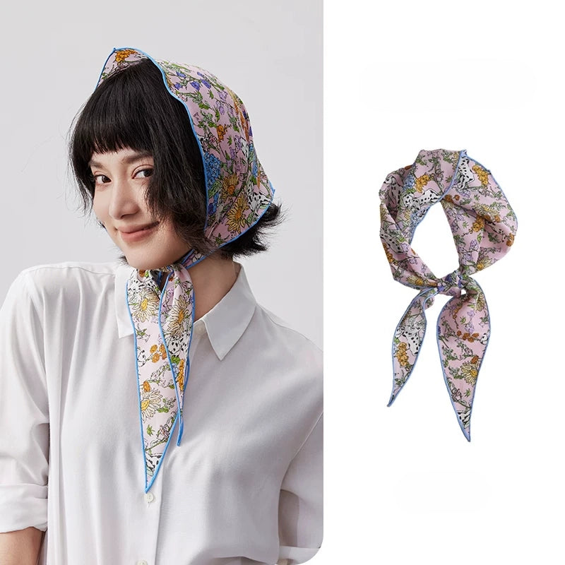 Floral silk scarf worn as a head scarf, mulberry silk triangle head scarf styling